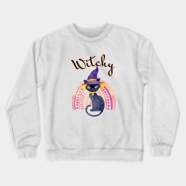 Witchy Halloween Black Cat Watercolor Art Crewneck Sweatshirt by AdrianaHolmesArt